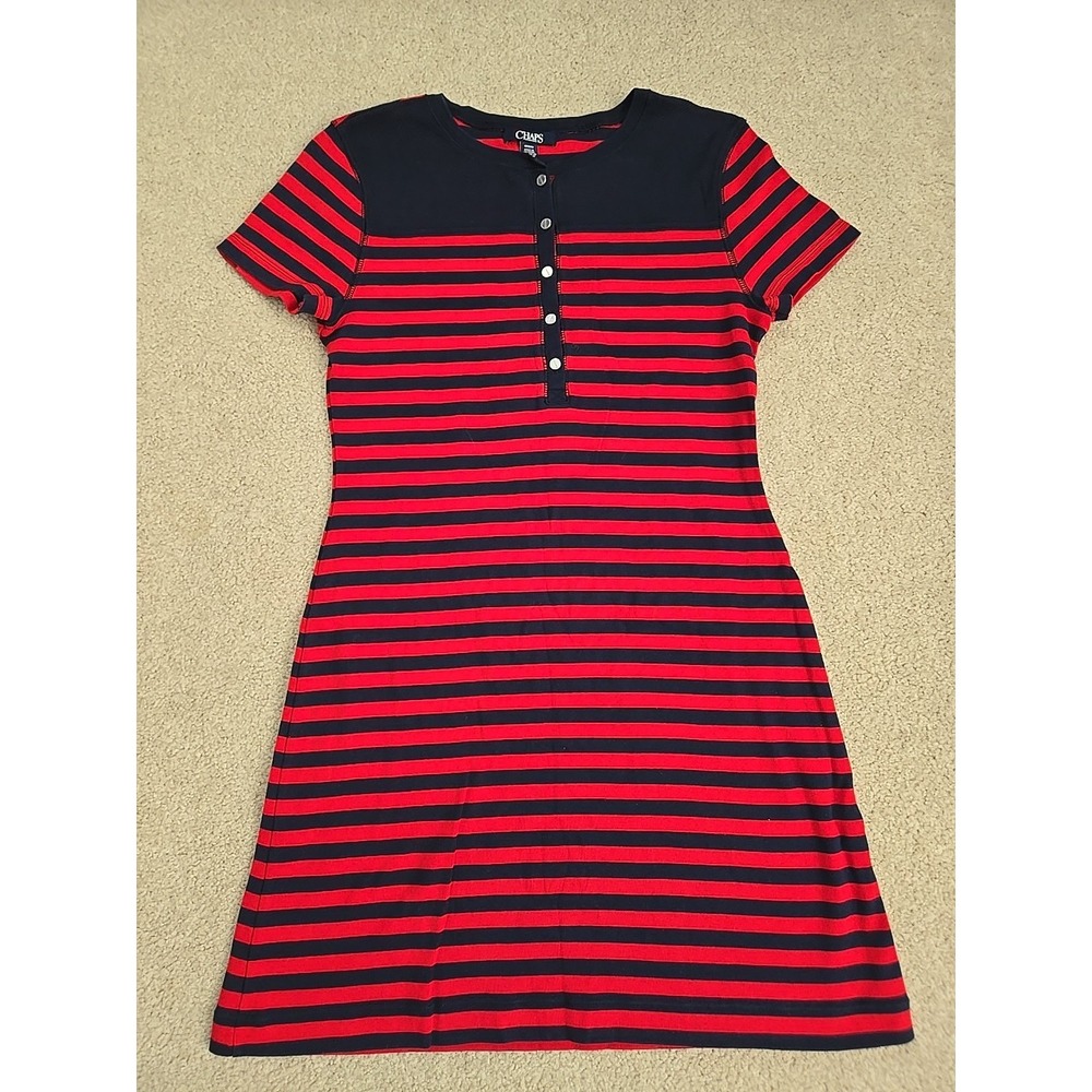 Chaps Red Navy Striped Short Sleeve‎ Knit Dress Size MEDIUM M golf Pickleball